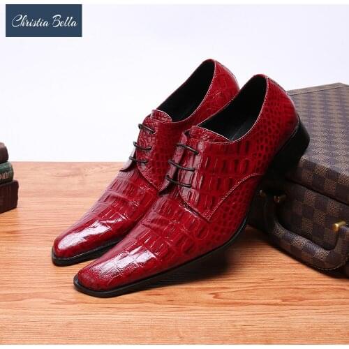 Christia Bella New Fashion Snake Skin Genuine Leather Men Business Shoes Plus Size Lace up Square Toe Formal Dress Shoes