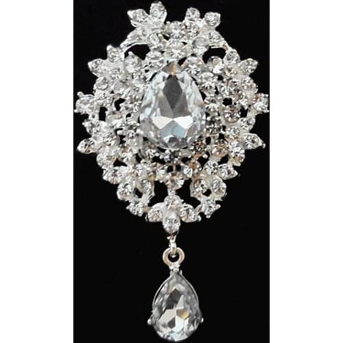 DHL Fedex Free Shipping Cheap Price Wholesale Silver Tone Sparkle Crystal Pendent Brooch Pin For Wedding