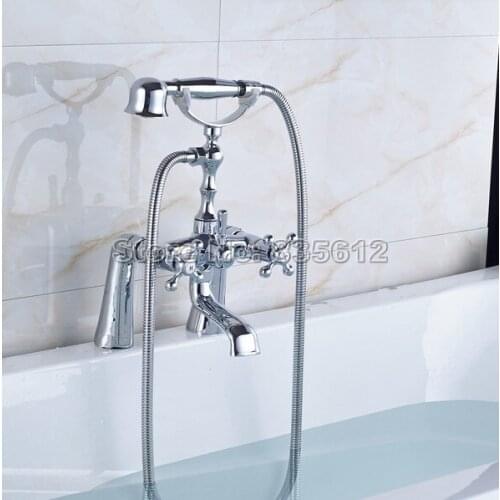 Chrome Brass Deck Mounted Dual Cross Handle Bathtub Faucet Bathroom Shower Mixer Taps with Telephone Style Handheld Shower J051