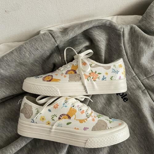 2021 Fashion Women Flat Shoes Casual Shoes Womens Sneakers Canvas Kawaii Animal Graffiti Tennis Female Skateboard
