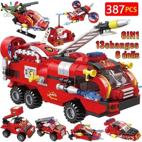 Feixiang 387pcs 6in1 Fire Fighting Trucks Car Helicopter Boat Building Blocks City Firefighter Figures Bricks Toys Child