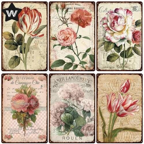 Lavender Metal Sign Peony Rose Tin Plaque Flowers Wall Sticker Vintage Wall Art Metal Poster Tin Sign for Family Home Decoration