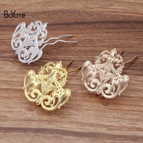BoYuTe (5 Pieces/Lot) 70*10*1.5MM Metal Brass Hair Fork Welding 48*49MM Flower Plate Diy Hair Accessories Handmade Materials