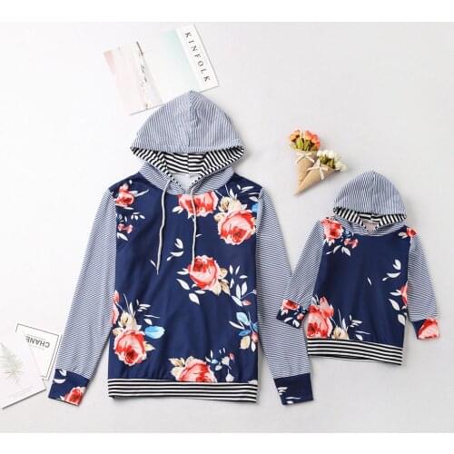 Family Mommy and me clothes Winter Striped Floral Printed Drawstring Hooded Hoodies Mother daughter Sweatshirt Family look
