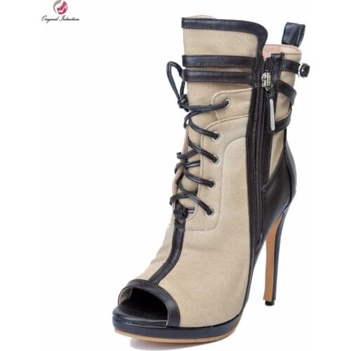 Original Intention Fashion Women Ankle Boots Stylish Peep Toe Thin High Heels Boots Nice Khaki Shoes Woman Plus Size 4-15