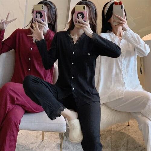 2021 Autumn 100% Cotton Long Sleeve Sexy Lace V-neck Pajama Sets for Women Korean Sleepwear Pyjama Homewear Pijama Mujer Clothes