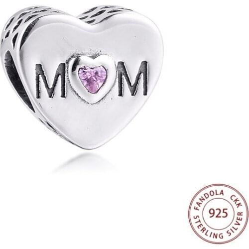 Mother Heart Charms 925 Sterling Silver Pink CZ Mom Beads for Jewelry Making Fits Original Bracelet Argent perles