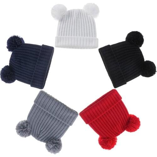 Double Pompom Knitted Baby Hat Winter Warm Knitted Solid Color Beanies for Boy Girl Newborn Toddler Hats Cap Bonnet