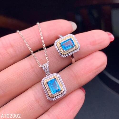KJJEAXCMY fine jewelry natural blue topaz 925 sterling silver women pendant necklace ring set support test exquisite hot selling