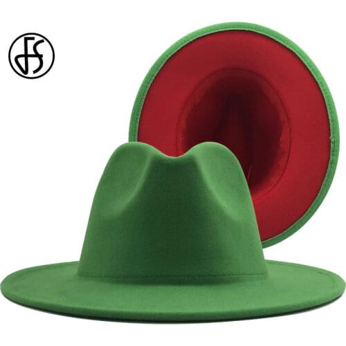 FS Green Red Patchwork Wool Felt Wide Brim Hats Women Jazz Fedora Hat For Men Chapeau Feutre Unisex Panama Trilby Cowboy Cap
