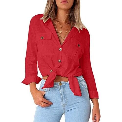 Womens new V-neck pocket long-sleeved casual ladies shirt T-shirt