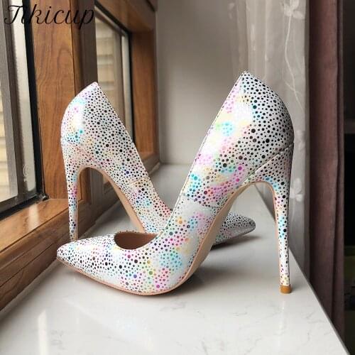 Tikicup Spotted Print Women Patent Pointy Toe Cute High Heels Fashion Designer Stiletto Pumps Elegant Ladies Party Shoes 33-45