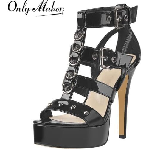 Onlymaker Summer Womens Platform Sandals Black Patent Leather Rivet Geometric Metal Buckles Cover Heel Thin High Heels Shoes