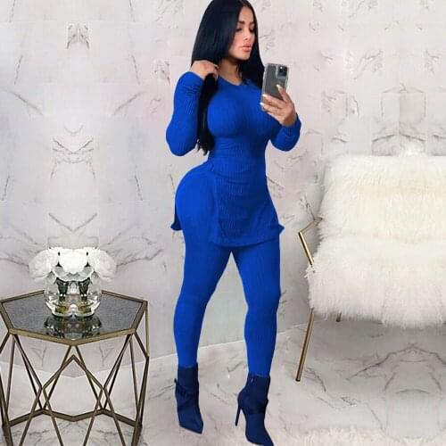 Womens Tracksuit2021 New Fashion Solid Color Casual Hem Split Pit Strip Sexy Long-Sleeved Trousers Two-Piece Suit