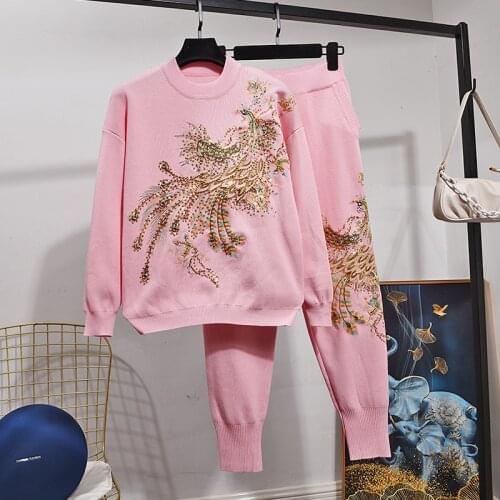 Red Pink Black Knitted Set Women Tracksuits Handwork Beading Peacock Embroidery Sweater Long Pants Outfits Female Loose Knit 2pc