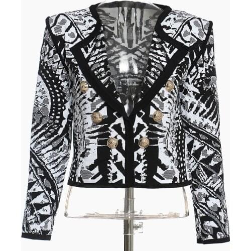 Women Geometric Jacket Spring Autumn Double Breasted Slim Casual Knitted Coat 2021