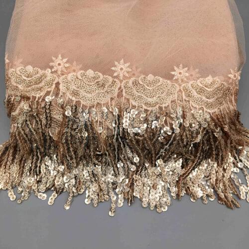 5 yards Champagne Gold Voile Clouds Sequin Fabric Tassel Lace Trim Ribbon Fabric Sewing Craft For Costume Wedding Dress Decor