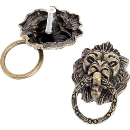 6Pcs/lot Lion Head Handles Vintage Antique Bronze Ring Knobs Cabinet Drawer Pulls Decorative Furniture Hardware 43x53mm screws