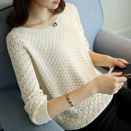White Hollow Out Sweater Women Tops Fashion Casual Knitted Sweater Long Sleeve O Neck Loose Elegant Slim Female clothes H1518