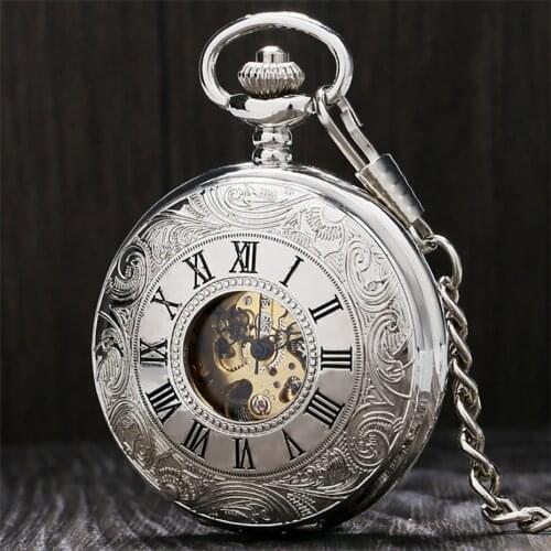 Silver Hand Winding Mechanical Pocket Watch Roman Numerals Display Punk Pendant Men Clock Vintage Fashioned Watch 30 cm Chain