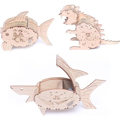 DIY 3D Wooden dinosaur Fish Megalodon Shark Puzzle Game Assembly Music Box Toy Gift for Children Kids Adult Mechanical Transmiss