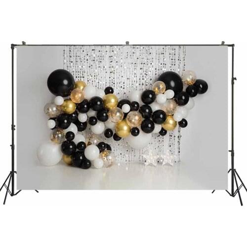 Baby Boy Girl 1st Birthday Photography Background Studio Home Cake Smash Backdrop Silver Glitter Black And Gold Balloons Banner