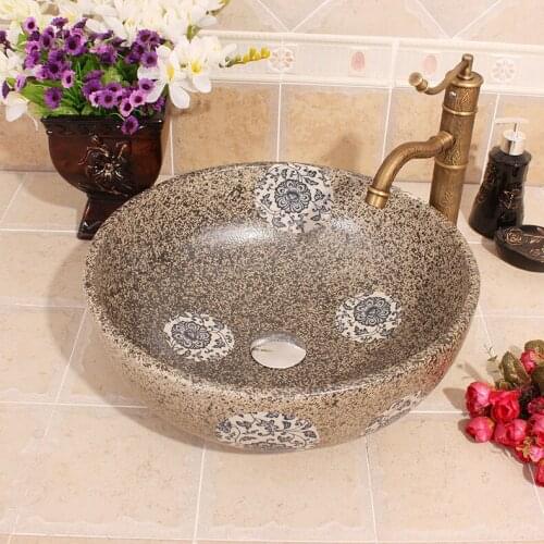 Gray cloth wrapped lotus flower Painting China Artistic Ceramic wash basin Round Counter top ceramic antique hand wash basin