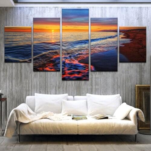 Canvas Painting Wall Art Home Decor Framework 5 Pieces Amazing Sunset Beach Sea Wave Modern HD Printed Landscape Pictures Poster