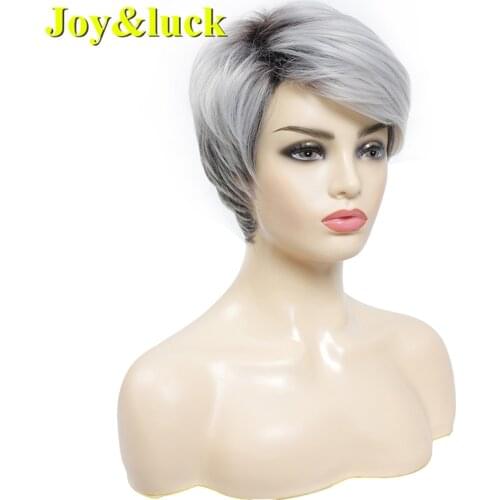 Joy&luck Short Wig Natural Straight Wigs Black Ombre Grey Synthetic Wigs With Bangs Grandma Hair Wigs For African Women
