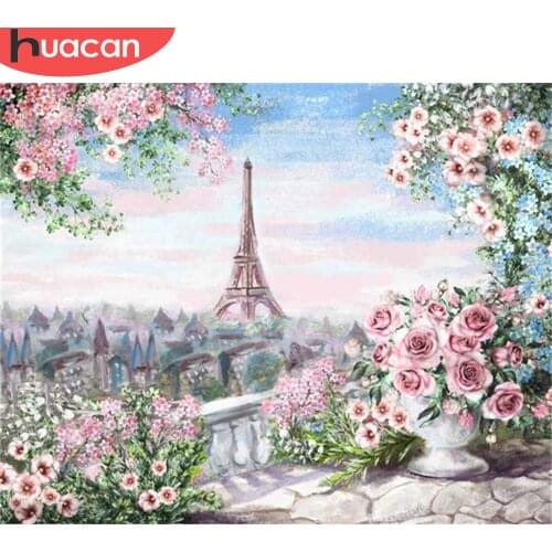 HUACAN DIY Oil Painting By Number Tower Acrylic Handpainted Gifts Paint By Number Landscape Kits For Adults Unique Gifts