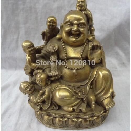 Chinese Pure Brass Buddhism RuYi Happy Laugh Maitreya Buddha 5 Kid Child Statue
