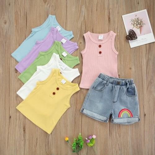 OPPERIAYA 2Pcs Newborn Summer Casual Outfits Baby Ribbed Round Neck Sleeveless Tanks Tops Rainbow Pattern Jeans with Pockets