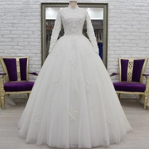ANGELSBRIDEP Long Sleeves Muslim Wedding Dress Fashion High-Neck Robe de mariee Handle Make Flower Pearls Formal Wedding Gowns