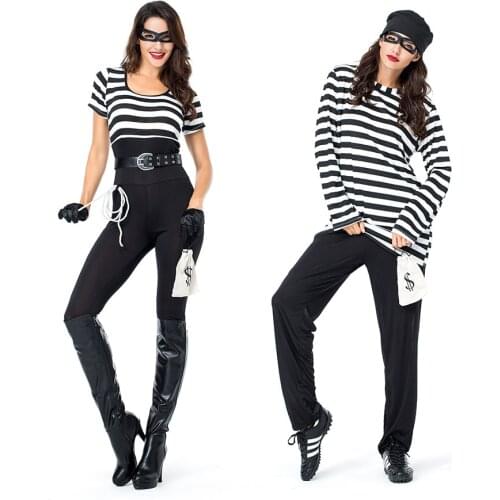 Prisoner Cosplay Costumes Man Women Prison Criminal Suits Jail Adult Black And White Striped Couple Clothes With Hats