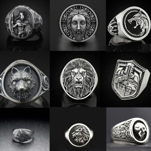 SECRET BOYS Vintage Spartan Warrior Helmet Ring For Men Gothic Punk Viking Norse Rune Warrior Rings Totem Amulet Jewelry