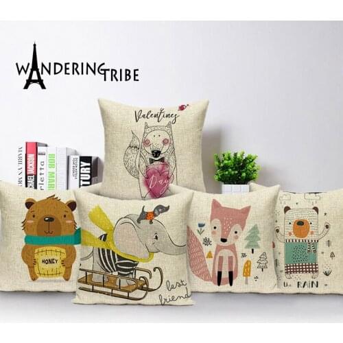 Cartoon Bear Cushion Cover Lovely Fox HomeThrow Pillows Covers Elephant Fox Linen Pillow Case 45x45 Animal Sofa Decor Cushions