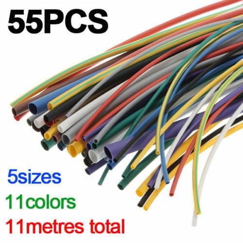 55PCS 2:1 Polyolefin Shrink heat shrinkable tub Insulation1.0mm 1.5mm 2.5mm 3.0mm 5.0mm Various colors heatshrink tubing