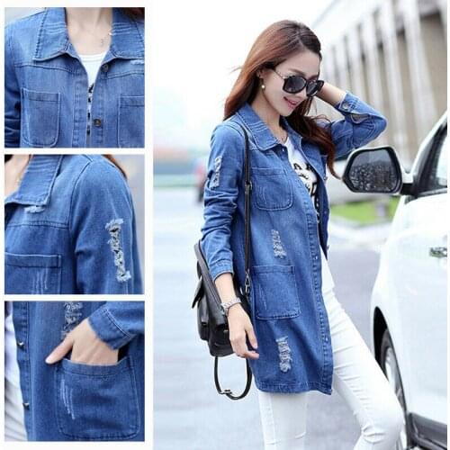 Casual Women Long Sleeve Denim Jacket Long Jeans Coat Outwear Overcoat