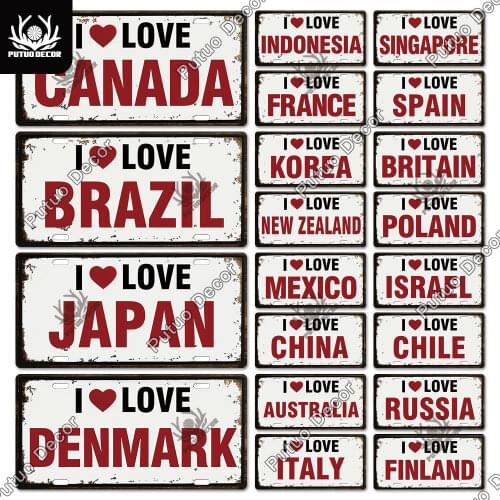 Putuo Decor Love Countries Licenses Plate Plaque Metal Tin Sign Decorative Car Plate for Living Room Door Club Garage Wall Decor