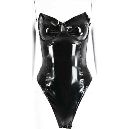 Sexy Lingerie Leather PVC Latex Bodysuit Women Strapless Hollow Bust Erotic Costumes Sex Latex Lingerie