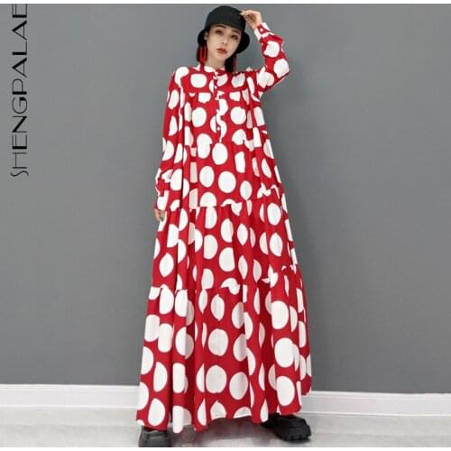 SHENGPALAE fashion pokla dot derss womens autumn 2021 new round neck loose single breasted long sleeve mid-calf dresses female
