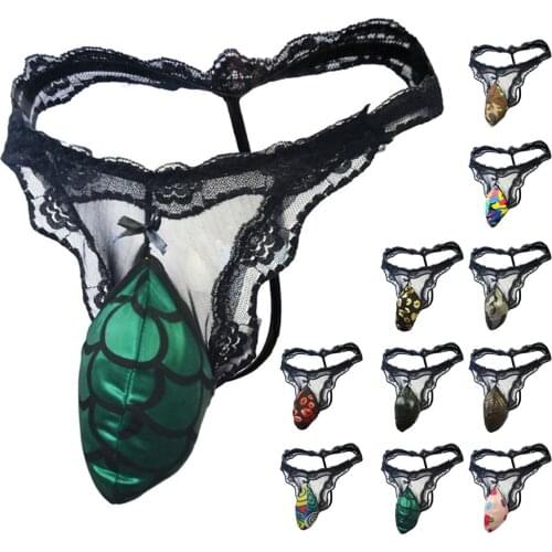 Mens Sexy G-String Underwear Sissy Mens Bulge Pouch Panties Lace Bikini Briefs Thong Breathable Low Rise Semi-Sheer Thong