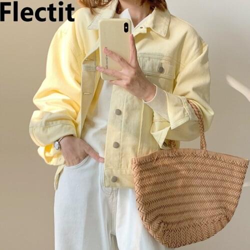 Flectit Vintage Oversized '90s Denim Jacket Collared Long Sleeve Button-up Womens Jackets Jean Coats Casual Outerwear