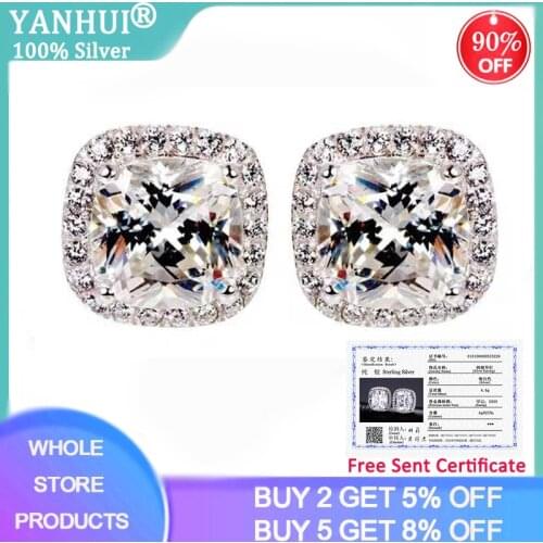 YANHUI With Certificate Luxury 2.0ct Zirconia Diamond Earrings Fine Jewelry 925 Silver Fashion Double Stud Earrings For Women E1