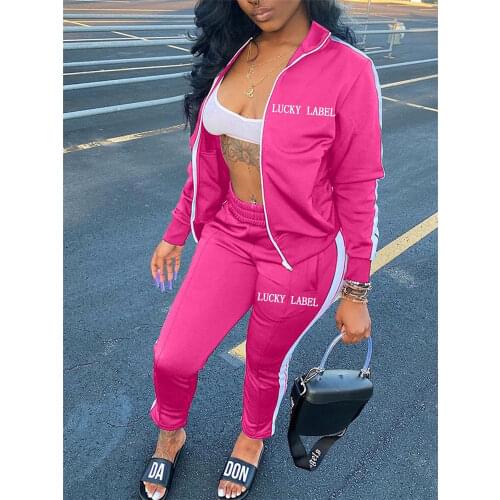 Lucky Label 2 Two Piece Set Women Tracksuit Zip Jackets Sweatshirt Side Stripe Pants Sweatsuits Sport Loungewear Outfits New
