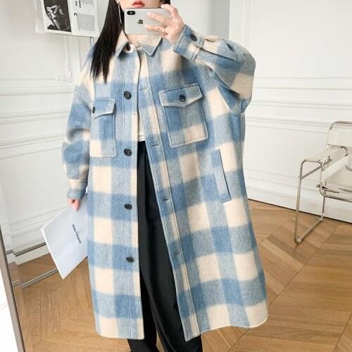 Women PlaidLong Coat Blue Red Pink Woolen Autumn Winter Warm Outwear Long Sleeve Loose Turn-down Collar 2021 Ladies Jacket