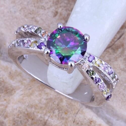 Elegant Rainbow Cubic Zirconia Multigem Silver Plated Womens Ring Size 5 / 6 / 7 / 8 E791