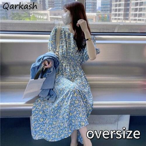 Blue Floral Dress Women Mid-calf Summer Empire Tender Elegant All-match Fashion Harajuku Design Aesthetic Vestido Feminino Soft