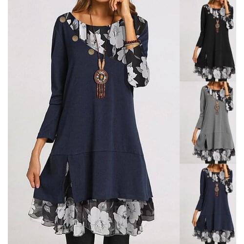 Women Dress Vintage O Neck Long Sleeve Floral Print Dresses Patchwork Buttons Mini A Line Dress Female Casual Loose Vestidos