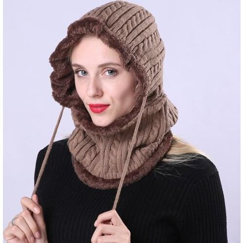 Winter Women Mens Skullies Wool Knitted Hooded Neck Warmer Cap Mask Thermal Warm Thick Knit Beanie Hat Unisex Snow Caps Earmuff